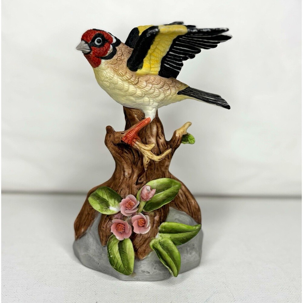 Vintage 1980 Enesco Goldfinch Bird Figurine Porcelain Floral Tree 6.5” Repaired